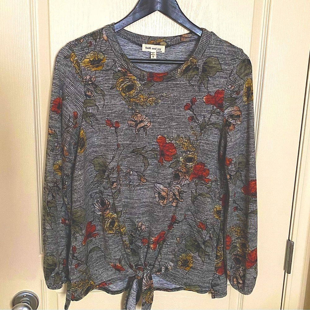 Faith and Joy Red and Gray Tie Front Long Sleeve Blouse